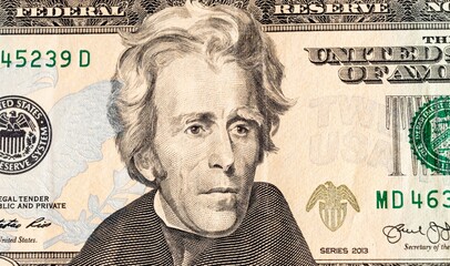 Twenty dollars note. President Jackson portrait closeup. US money concept. High quality photo