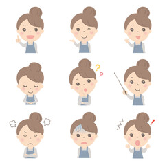 女性の上半身イラストセット（エプロン）	