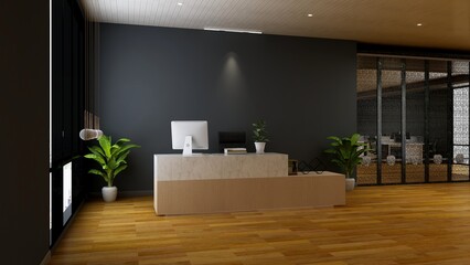 office front desk or receptionist room with wooden design interior
