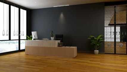 office front desk or receptionist room with wooden design interior