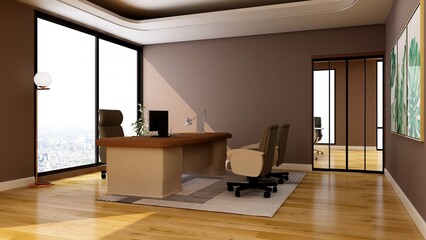 modern business office manager room with 3d design interior for company wall logo mockup