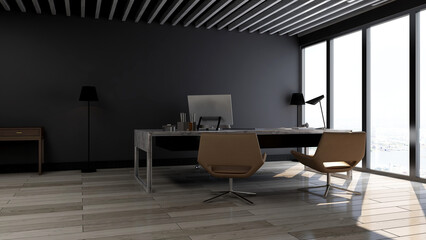 modern business office manager room with 3d design interior for company wall logo mockup