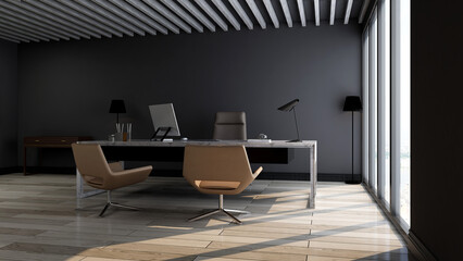 modern business office manager room with 3d design interior for company wall logo mockup