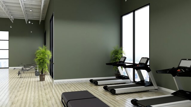 Black blank wall in modern gym interior with wooden floor