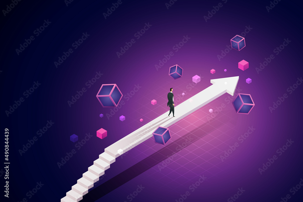 Poster businessman steps on the arrow bridge that goes forward on the path of blockchain technology.