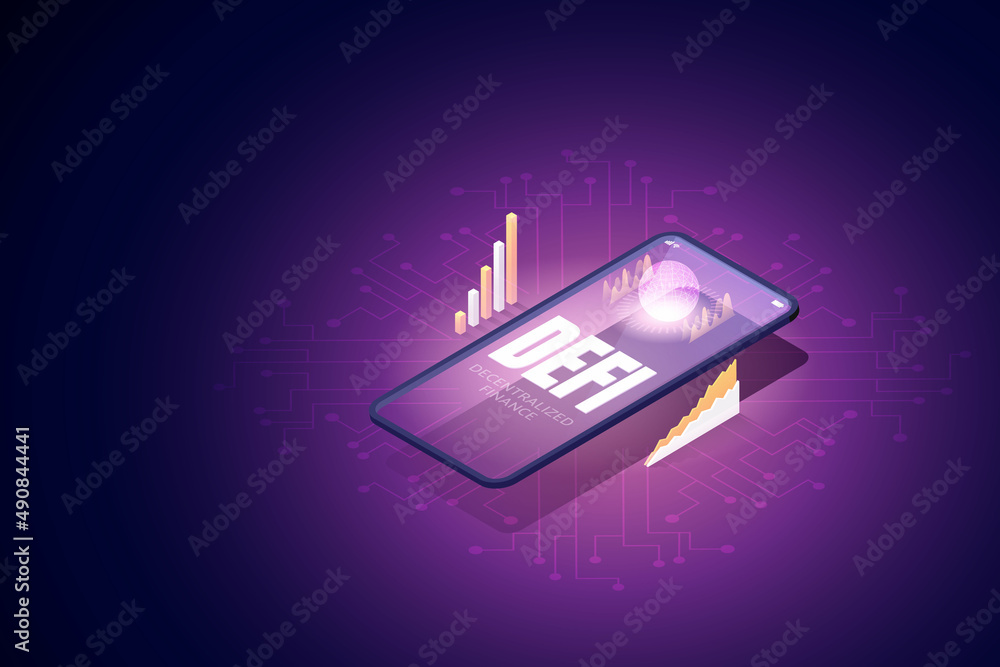 Aufkleber defi decentralized finance on mobile background graphs and technology.