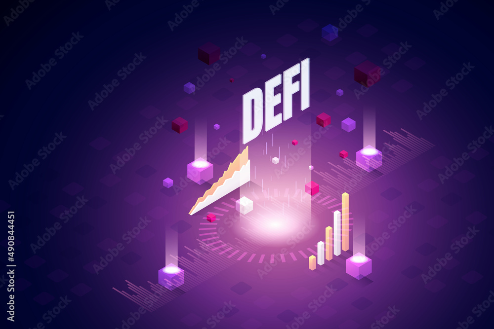 Poster defi decentralized finance on background graphs and technology.