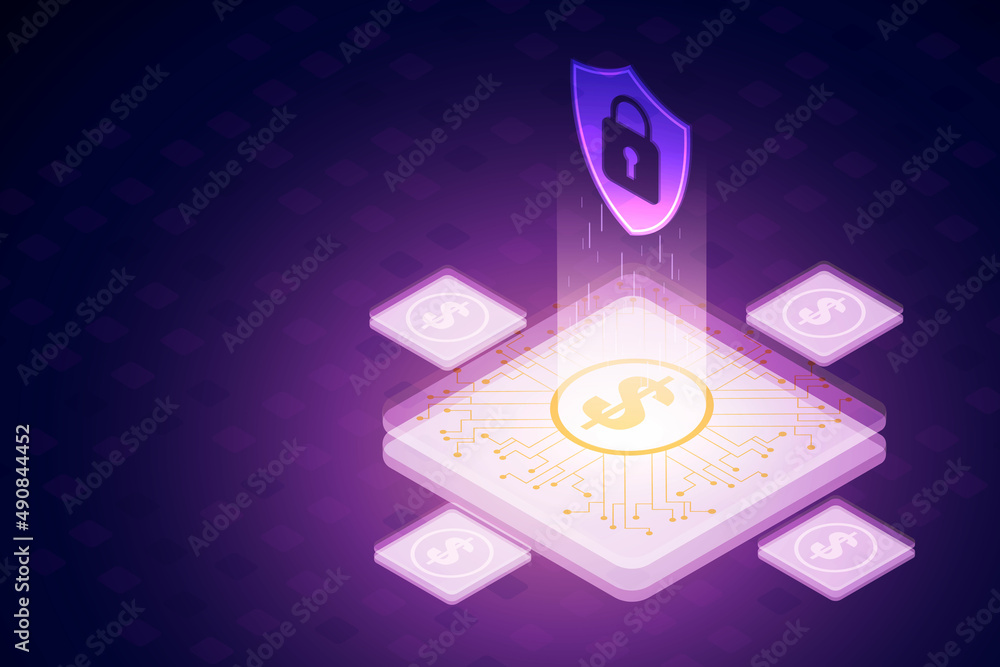 Poster padlock icon with keyhole in cybersecurity of financial data.