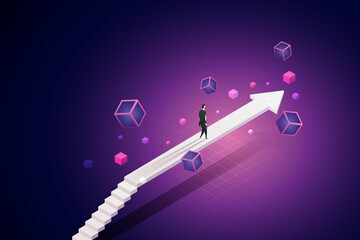Businessman steps on the arrow bridge that goes forward on the path of Blockchain technology.
