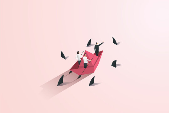 Businessman and team on a paper boat at sea with dangerous sharks.