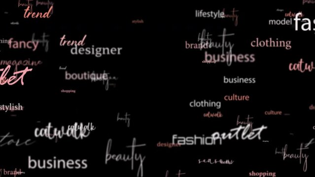 Animation of Fashion Beauty Magazine Related word  flowing. Element for intro, title banner on Black Background.  

