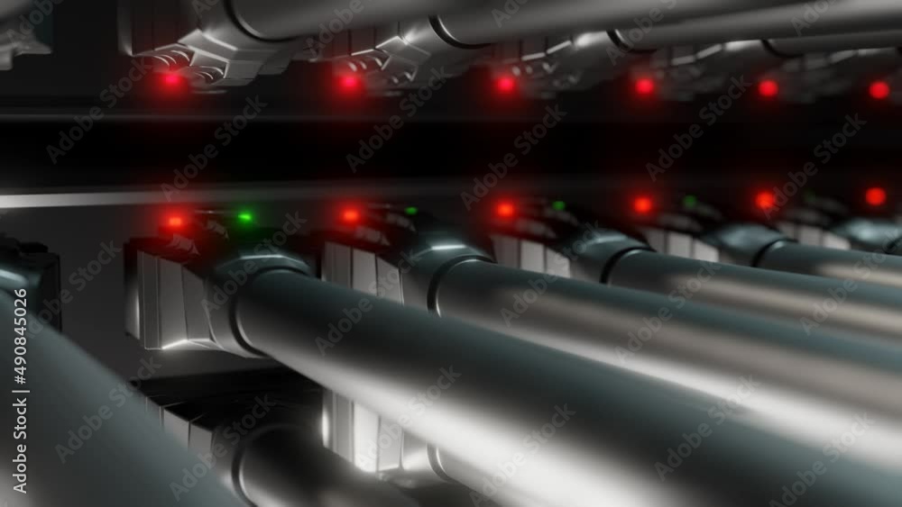 Poster network switch with plugged ethernet cables sending data. endless loop of neon color data rack with 