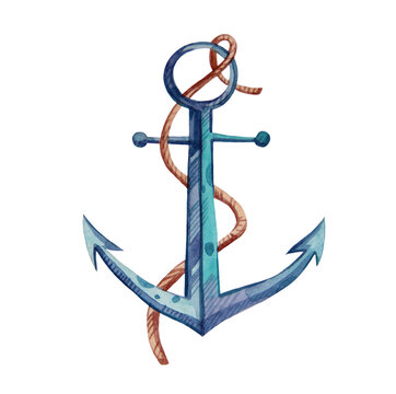 Watercolor hand painted Anchor. Blue, sea, wave. Illustration isolated on white background. Use it for postcards, invitations, and scrapbooking.