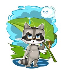 Funny cute Raccoon with a leaf instead of an umbrella. Hiding from the rain. The cloud smiles. The kid is an animal. Illustration for children. Cartoon style. Isolated on a white background. Vector