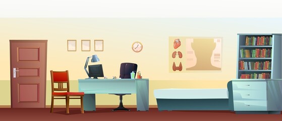 Doctor office. Work desk with armchair and PC computer. Couch and chair for patients. Medical poster and drugs. Cartoon funny style Horizontal illustration. Vector
