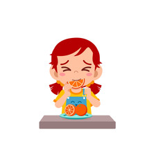 little girl eat sour orange and show funny expression