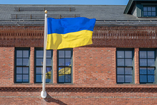The flag of Ukraine flies in front of the Hunnewell Building Visitor Center at Arnold Arboretum in Jamaica Plain, MA, USA