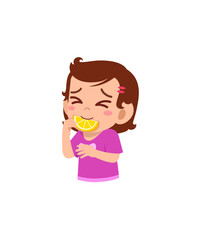 little girl eat sour lemon and show funny expression