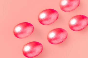 pink Easter eggs on pink background, banner