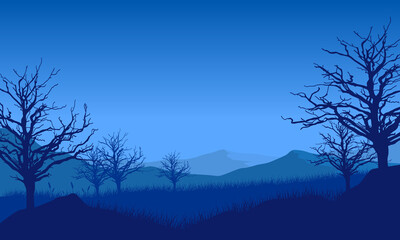 Incredible mountain panorama at night with fantastic dry tree silhouettes
