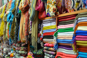 Number of scarfs and clothes in a market in Grand Bazaar in Istanbul, Turkey