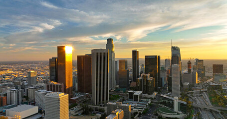 Aerial drone shot flying on downtown Los Angeles. Urban aerial view of downtown Los Angeles. Los angeles aerial view with drone.