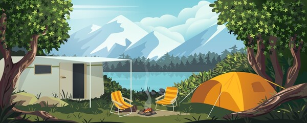 Cartoon camping. Summer nature scene with trailer tent and bonfire. Scenic forest panorama. Lake and mountain peaks scenery. Empty campsite in woodland meadow. Vector landscape background - obrazy, fototapety, plakaty