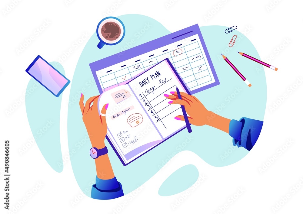 Poster Hands with checklist. Cartoon concept with arms holding organizer and writing check marks. Day schedule. Task planning. Top view on desk with notepad or planner. Vector illustration