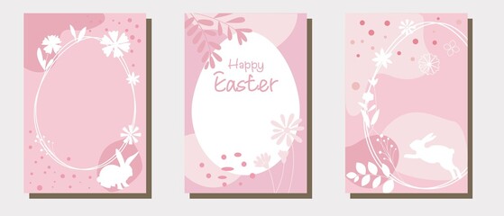Set of Happy easter frames, Decorative vector template for Easter event, sale, promotion and design. Bunny, egg hunting festival cover collection. Vector illustration. 