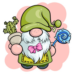 Cute gnome character with eggs for Easter. It's a vector image.