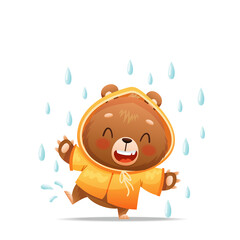 Baby bear in a yellow raincoat dances in the rain. Drawn in cartoon style. Vector illustration for designs, prints and patterns. Isolated on white background