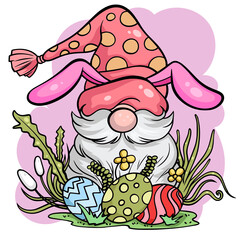 Cute gnome character with eggs for Easter. It's a vector image.