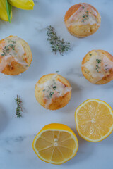 sweet home made vanilla lemon muffins with thyme