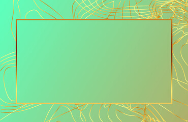 Golden frame with curved lines, on aquamarine background. Simple and modern invitation empty template.