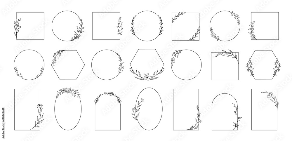 Poster wedding logo. minimalistic geometric floral empty frames. calligraphic round or square shapes with b