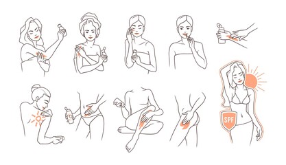 Sunscreen cream. Cartoon girl applying lotion on body hands and face. Summer sun protection. Beauty care. Sunblock cosmetic moisturizer. SPF products. Vector outline female figures set
