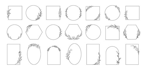 Wedding logo. Minimalistic geometric floral empty frames. Calligraphic round or square shapes with branches and flowers. Elegant herbs or blossoms. Vector botanical outline borders set