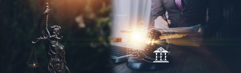 Fototapeta premium Business and lawyers discussing contract papers with brass scale on desk in office. Law, legal services, advice, justice and law concept picture with film grain effect