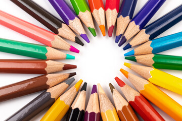 Fototapeta premium Many multicolored pencils, isolated on white background with copy space. Art and education background.