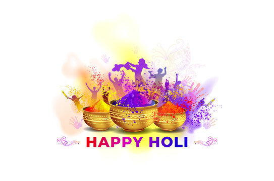 Indian hindu Holi Festival celebration background. People palaying with Colorful Gulal, pichkari, traditional pot and text Happy holi