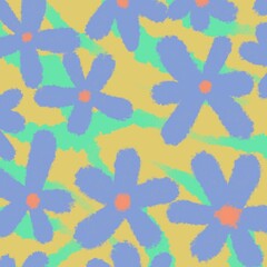 seamless pattern with purple flowers on yellow and green background