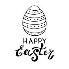 Happy Easter-an inscription and a simple contour drawing of decorated egg in doodle style. Template for greeting card, invitation, poster, holiday coloring pages