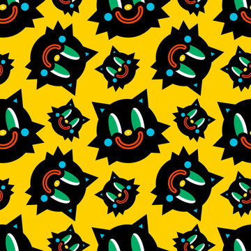 Seamless vector pattern with crazy and funny black cartoon cat. A Halloween character. Cute smiling kittens on a colored background. Isolated. Flat design element for wrap paper, children's textiles.
