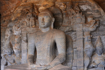 The Samadhi Buddha statue in the 'Nisinna Patima Guha' on a throne 
