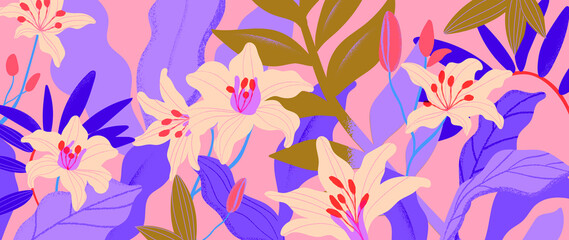 Colorful floral and botanical background. Abstract wallpaper of lily flower, branches, leaves in purple and yellow color and leaves. Exotic plants in summer tone for banner, prints, decor, wall art.