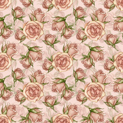 Watercolor seamless pattern with vintage pink roses. Graceful spring collection.