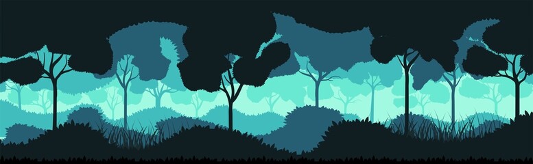 Vector green forest landscape with trees. Eco nature forest background templates. Forest plantation with ecology. Green forest silhouette abstract background. Nature and environmental protection flat 