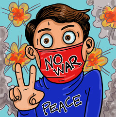 In the cartoon, a boy shows no war and just peace.