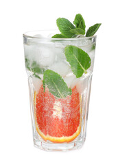 Delicious refreshing drink with sicilian orange, fresh mint and ice cubes in glass isolated on white