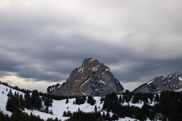 Amazing morning view over the beautiful Lake Lucerne. Epic long exposure shot in the heart of Switzerland. Wonderful scenery with the majestic mountain called Grosser Mythen in the background.